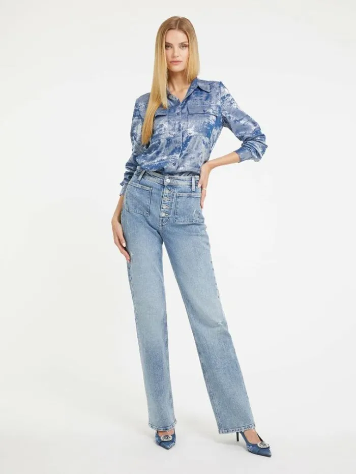 Women Metallic Effect Shirt Light Blue Guess Tops And Shirts