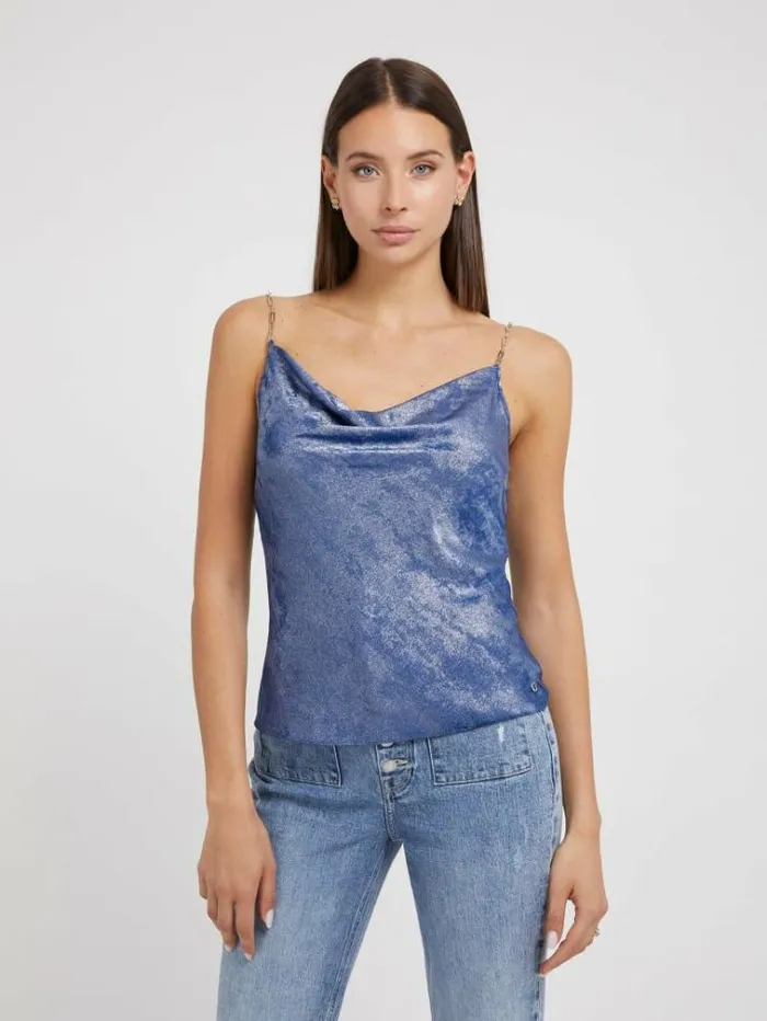 Women Metallic Effect Top Light Blue Guess Tops And Shirts