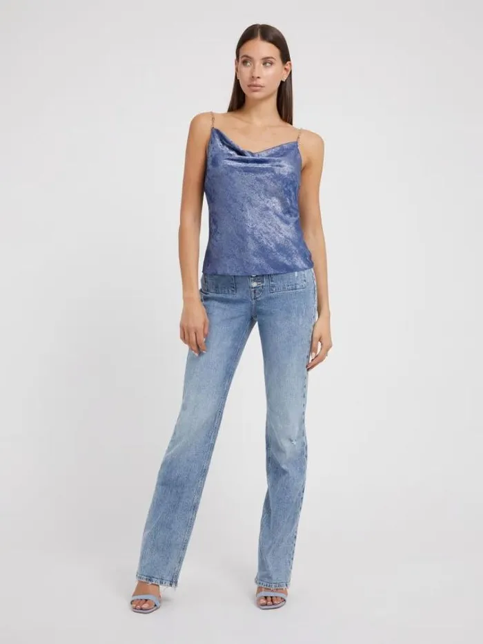 Women Metallic Effect Top Light Blue Guess Tops And Shirts