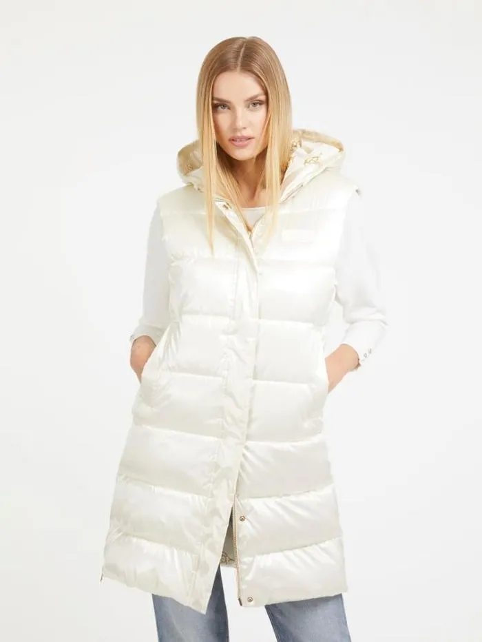 Women Mirror Coating Effect Long Vest White Guess Coats And Jackets