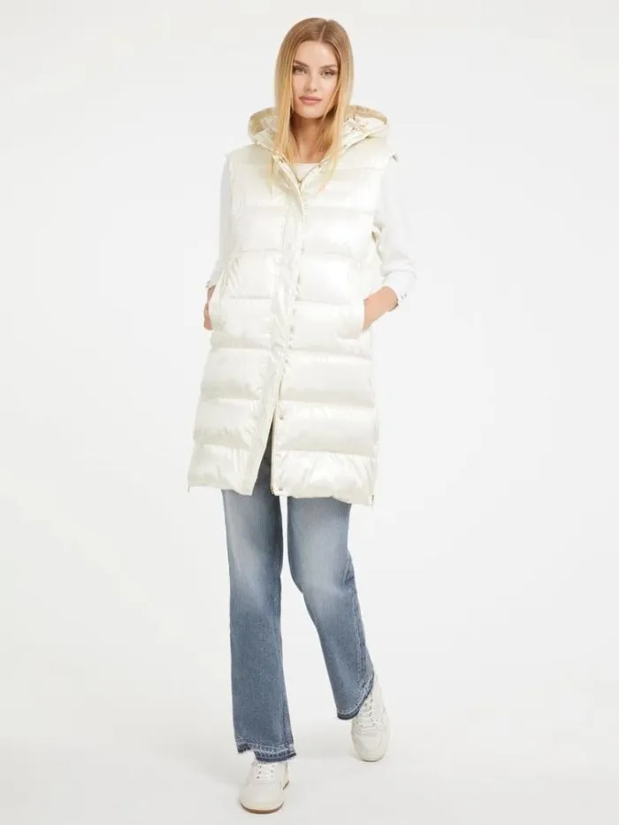 Women Mirror Coating Effect Long Vest White Guess Coats And Jackets