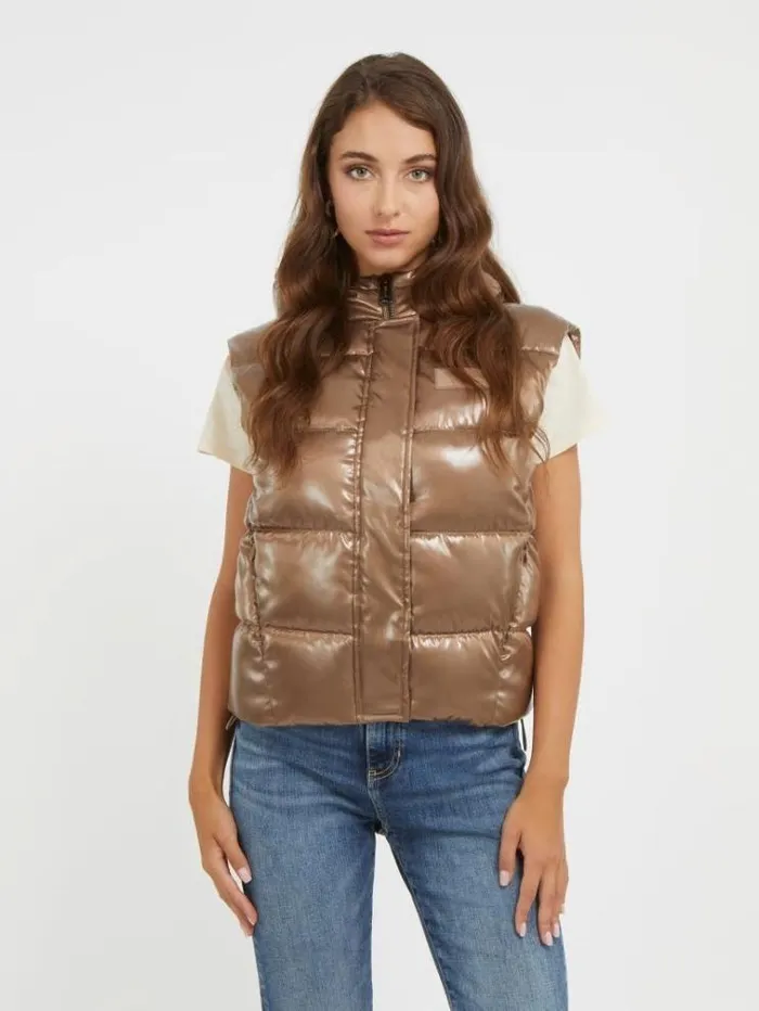 Women Mirror Coating Effect Vest Caramel Guess Coats And Jackets