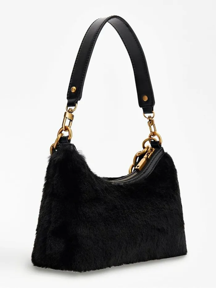 Women Morada Faux Fur Shoulder Bag Black Guess Shoulder Bags