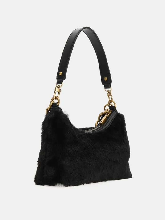 Women Morada Faux Fur Shoulder Bag Black Guess Shoulder Bags