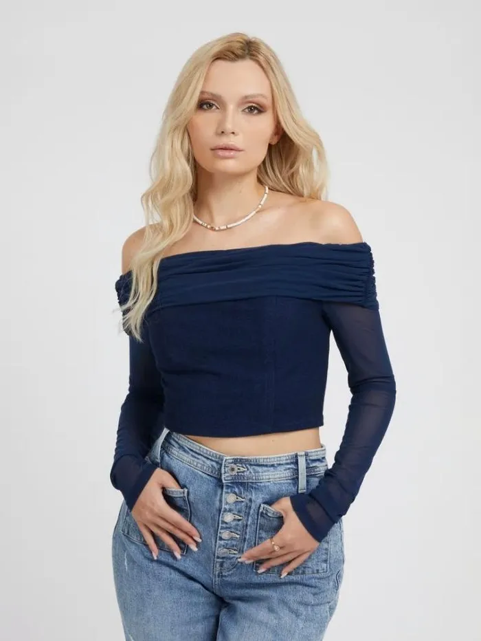 Women Offshoulder Bustier Top Blue Guess Tops And Shirts