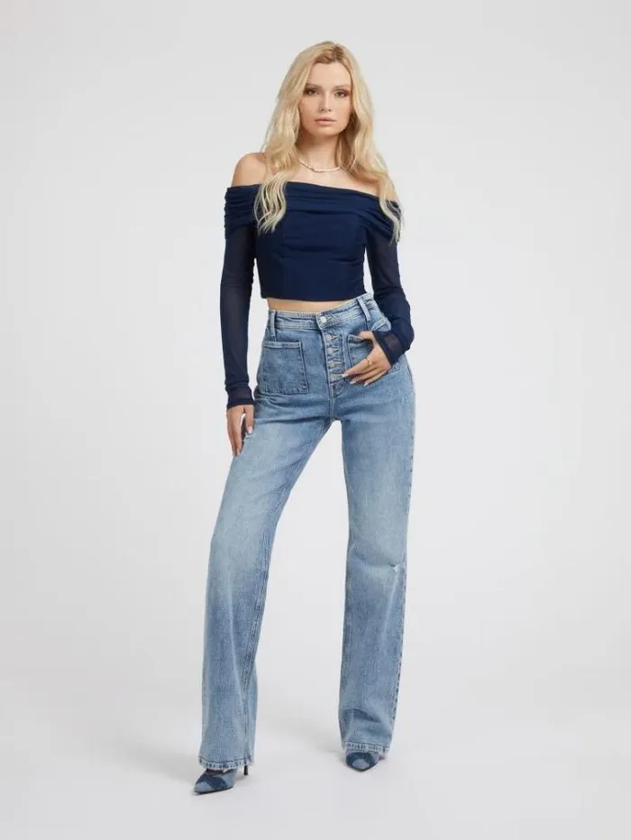 Women Offshoulder Bustier Top Blue Guess Tops And Shirts