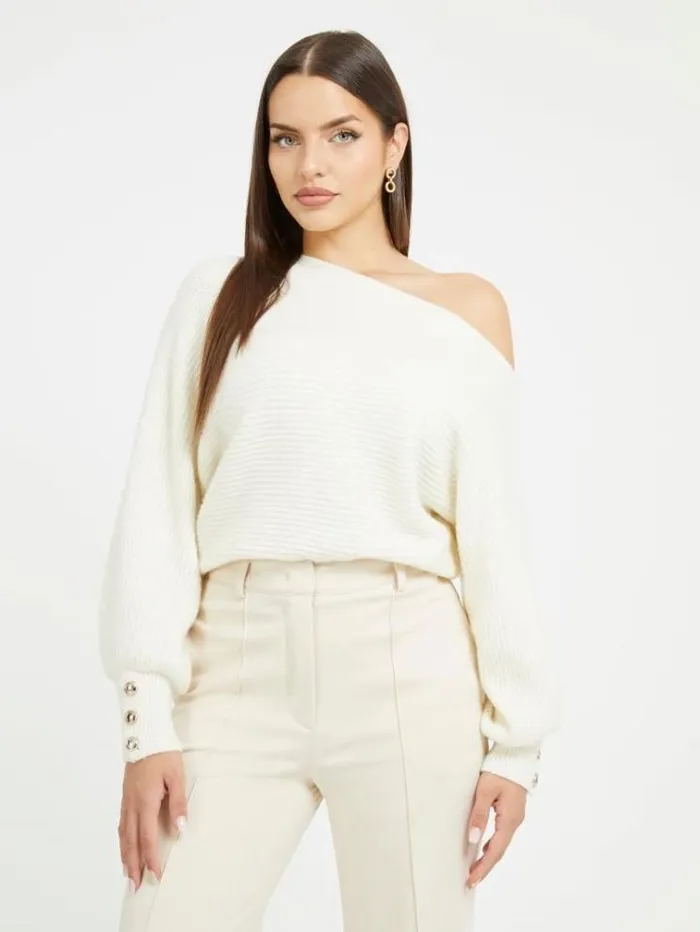Women Offshoulder Wool Blend Sweater White Guess Knitwear And Sweatshirts