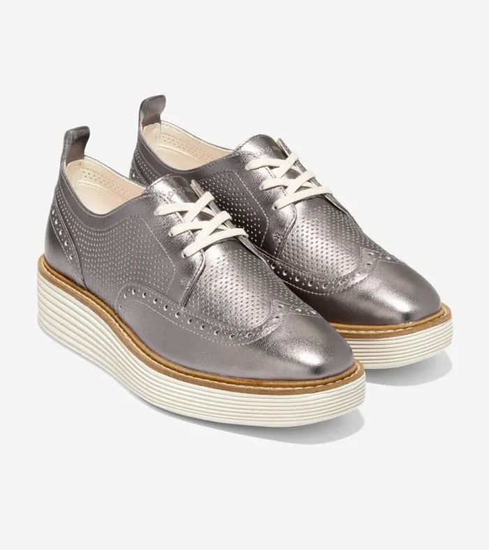 Women Oxfords Cole Haan riginalGrand Platform Wingtip Oxfords Pewter Metallic
