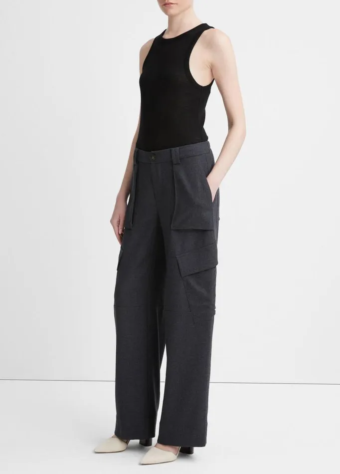 Women Pants and Shorts Vince Flannel WideLeg Cargo Pant Heather Charcoal