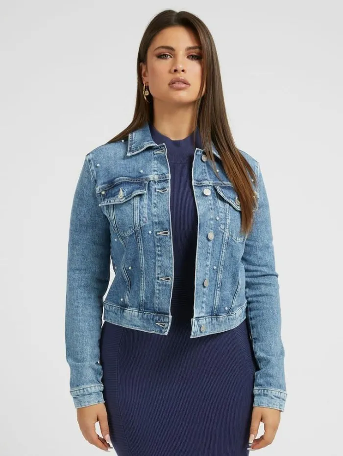 Women Pearls Denim Jacket Light Blue Guess Coats And Jackets