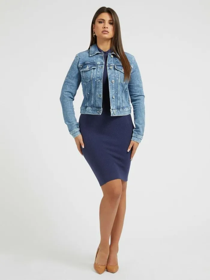 Women Pearls Denim Jacket Light Blue Guess Coats And Jackets