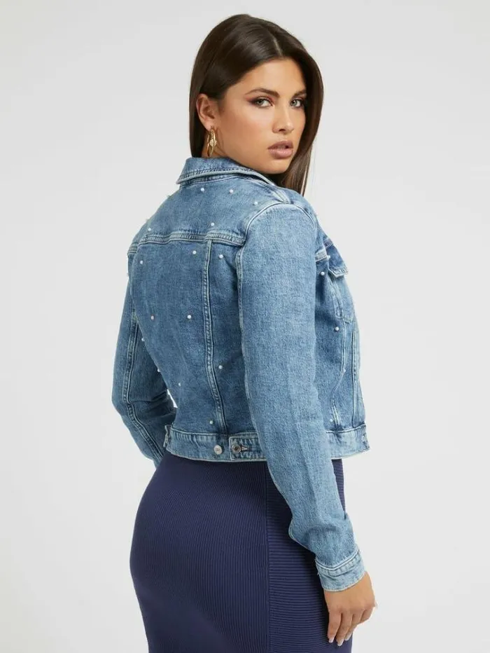 Women Pearls Denim Jacket Light Blue Guess Coats And Jackets
