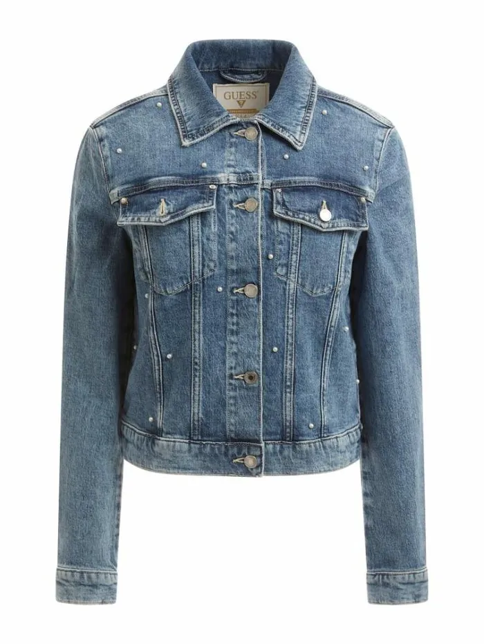 Women Pearls Denim Jacket Light Blue Guess Coats And Jackets