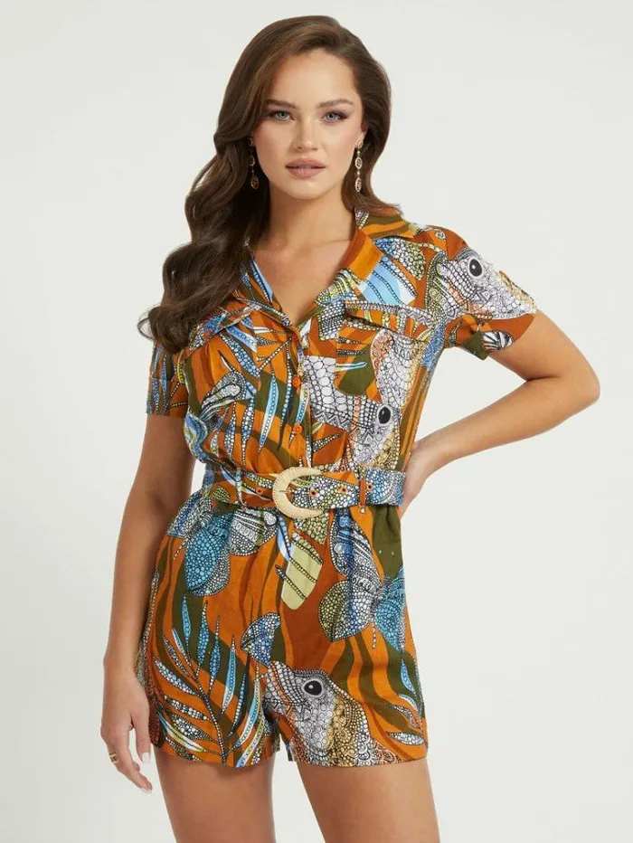 Women Printed Linen Romper Multicolor Pattern Guess Dresses And Jumpsuits