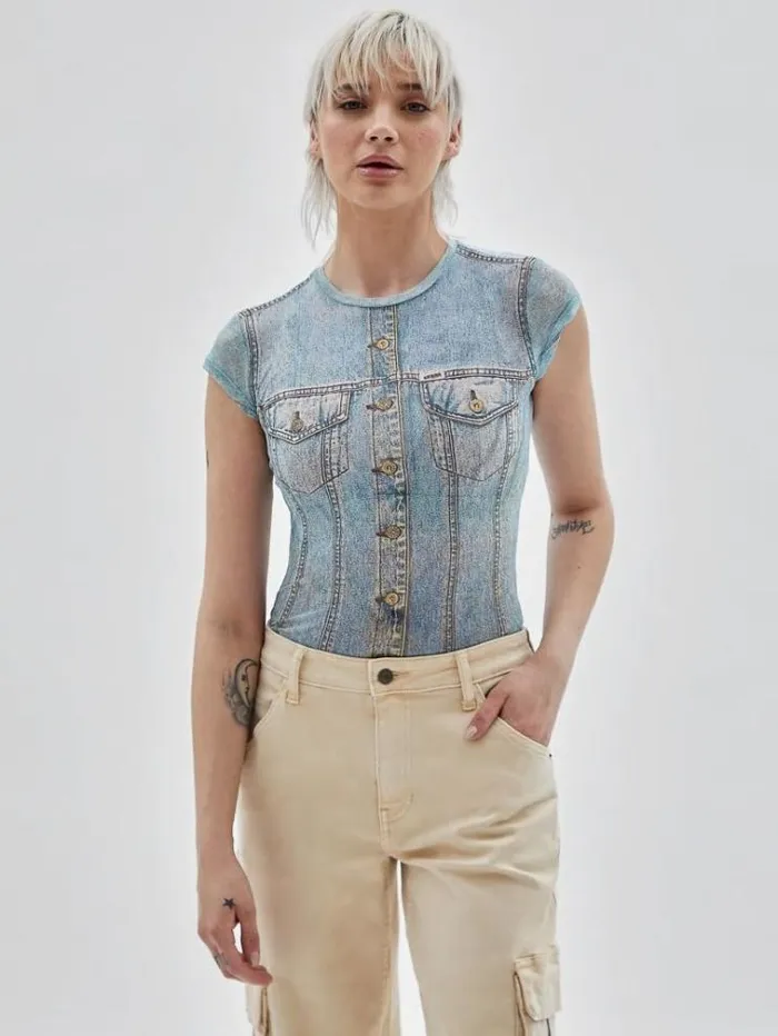 Women Printed Mesh Top Blue Guess Tops And Shirts