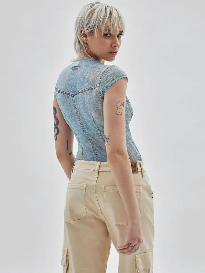 Women Printed Mesh Top Blue Guess Tops And Shirts