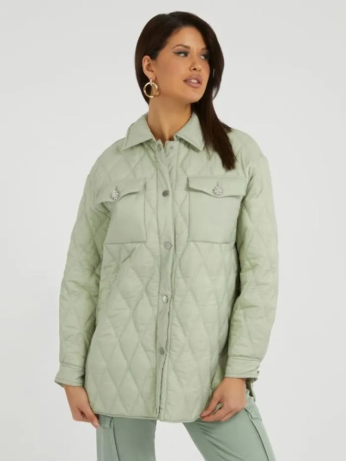 Women Quilted Shirt Jacket Light Green Guess Coats And Jackets