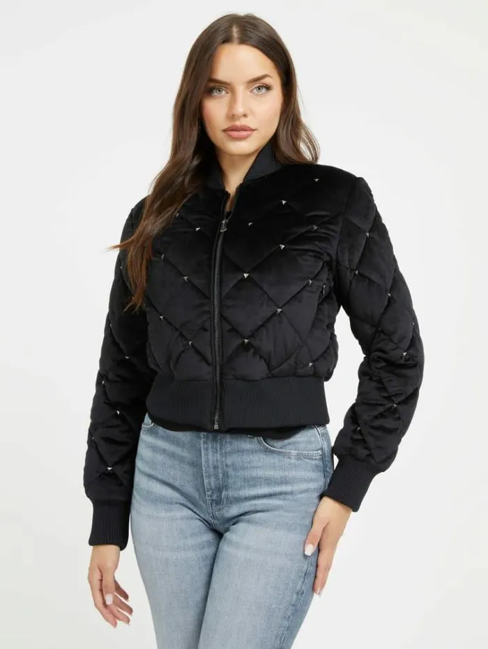 Women Quilted Velvet Bomber Jacket Black Guess Coats And Jackets