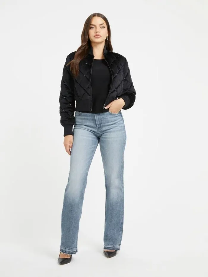 Women Quilted Velvet Bomber Jacket Black Guess Coats And Jackets