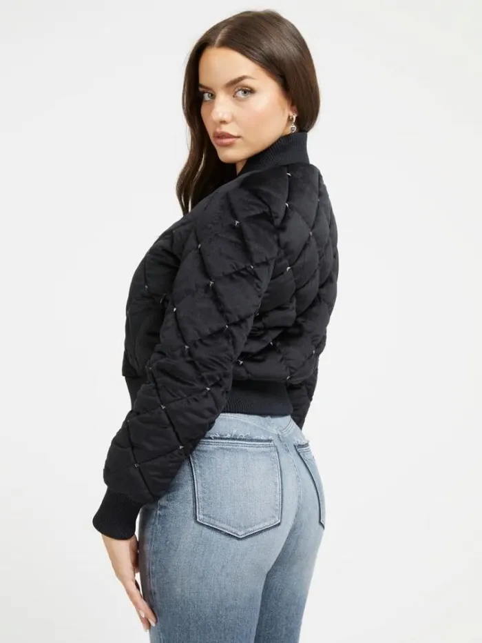 Women Quilted Velvet Bomber Jacket Black Guess Coats And Jackets