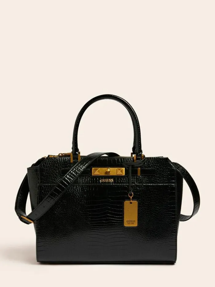 Women Raffie Croc Print Handbag Black Guess Handbags