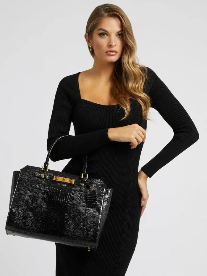 Women Raffie Croc Print Handbag Black Guess Handbags