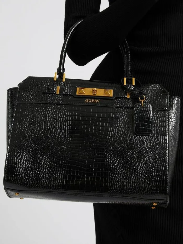 Women Raffie Croc Print Handbag Black Guess Handbags