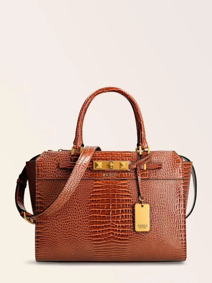 Women Raffie Croc Print Handbag Brown Guess Handbags