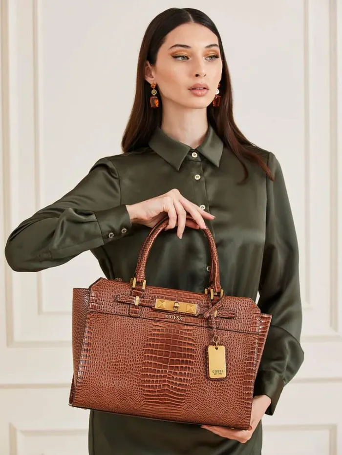 Women Raffie Croc Print Handbag Brown Guess Handbags