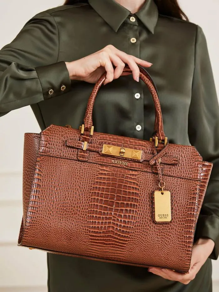 Women Raffie Croc Print Handbag Brown Guess Handbags