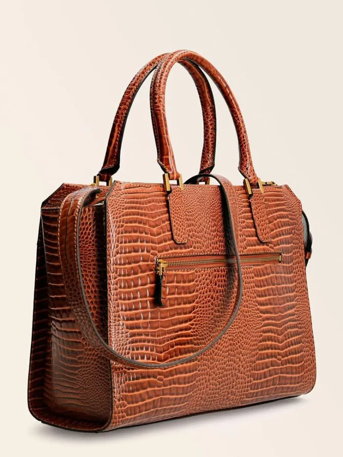 Women Raffie Croc Print Handbag Brown Guess Handbags