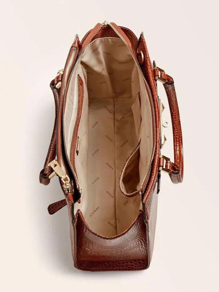 Women Raffie Croc Print Handbag Brown Guess Handbags