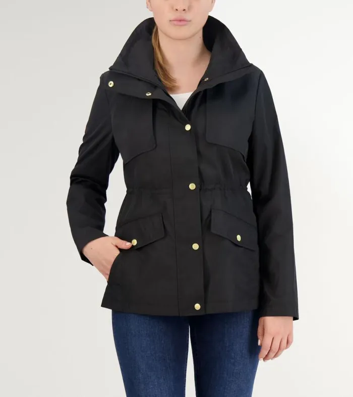 Women Rain Jackets Cole Haan Short Packable Hooded Rain Jacket Black