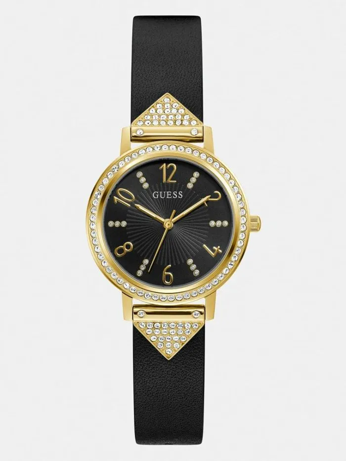 Women Real Leather Analogue Watch Black Guess Watches