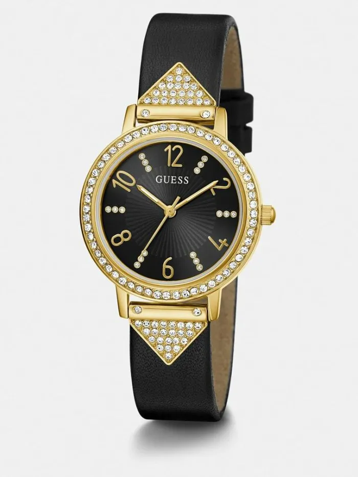 Women Real Leather Analogue Watch Black Guess Watches