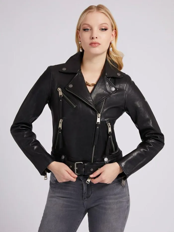 Women Real Leather Biker Jacket Black Guess Coats And Jackets