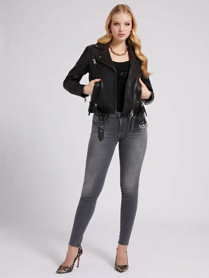 Women Real Leather Biker Jacket Black Guess Coats And Jackets