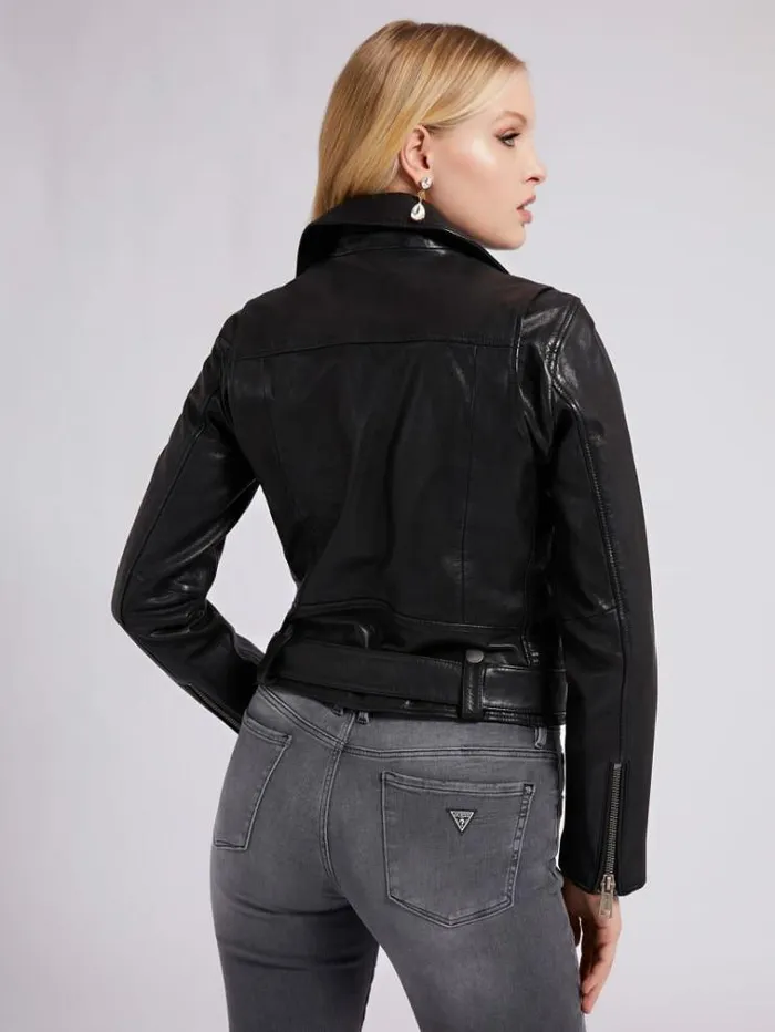Women Real Leather Biker Jacket Black Guess Coats And Jackets
