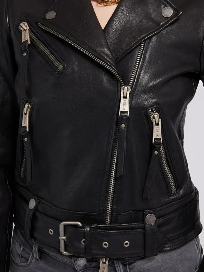 Women Real Leather Biker Jacket Black Guess Coats And Jackets