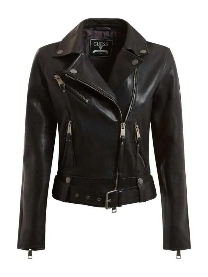 Women Real Leather Biker Jacket Black Guess Coats And Jackets