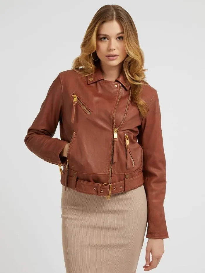 Women Real Leather Biker Jacket Brown Guess Coats And Jackets