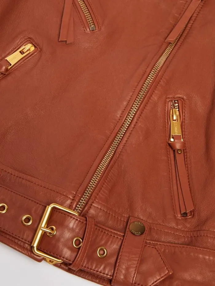 Women Real Leather Biker Jacket Brown Guess Coats And Jackets