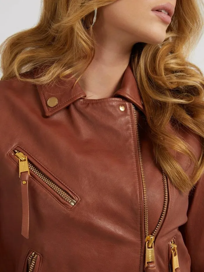 Women Real Leather Biker Jacket Brown Guess Coats And Jackets