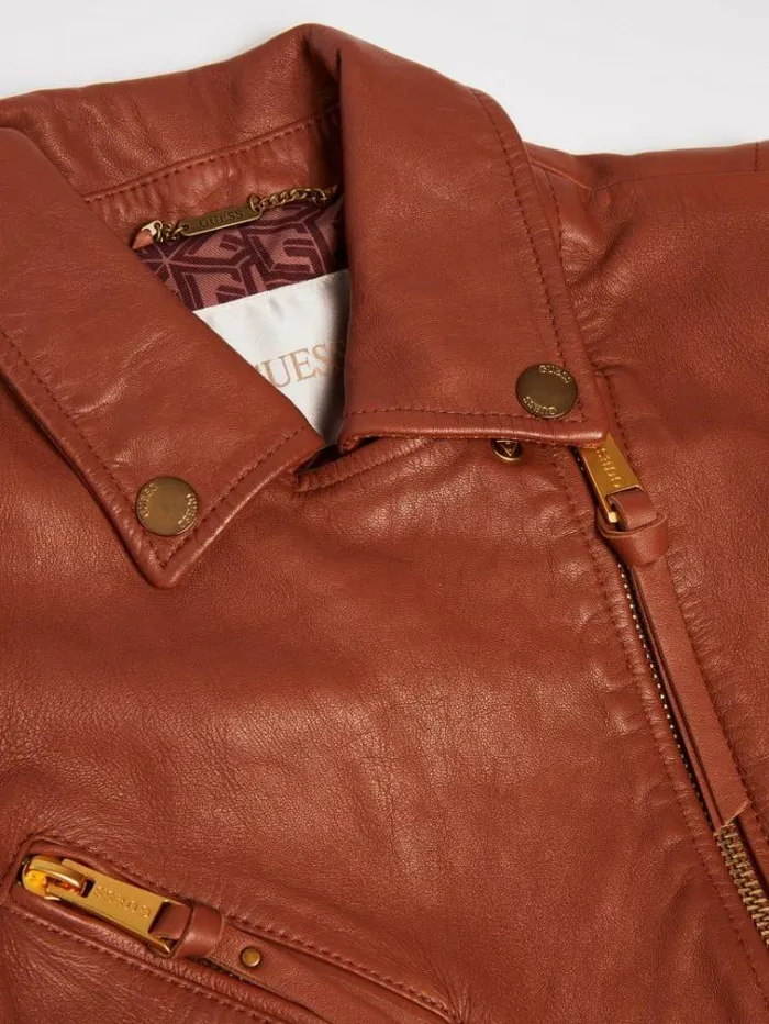 Women Real Leather Biker Jacket Brown Guess Coats And Jackets