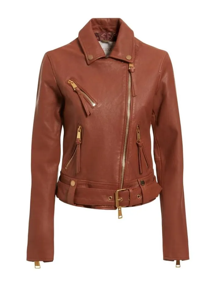 Women Real Leather Biker Jacket Brown Guess Coats And Jackets