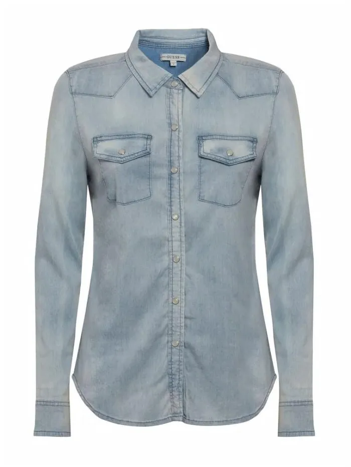 Women Regular Fit Denim Shirt Light Blue Guess Tops And Shirts