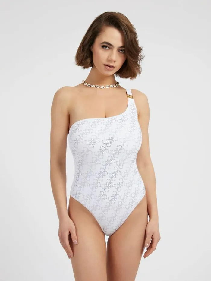 Women Rhinestones 4g Logo One Piece White Guess Beachwear