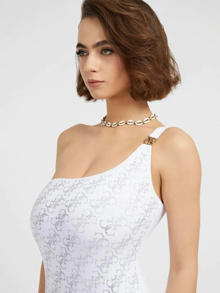 Women Rhinestones 4g Logo One Piece White Guess Beachwear