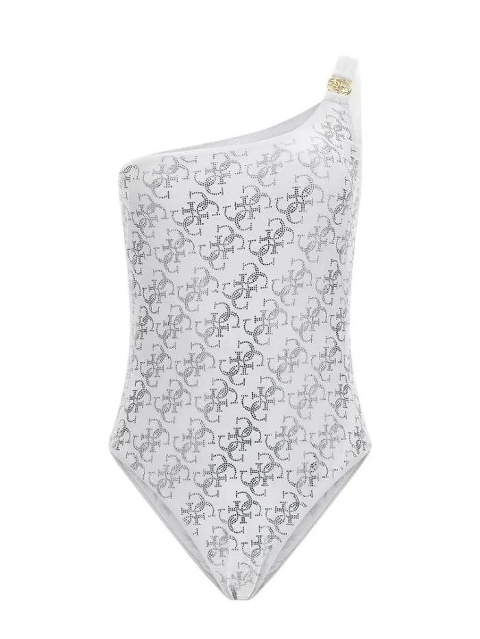 Women Rhinestones 4g Logo One Piece White Guess Beachwear