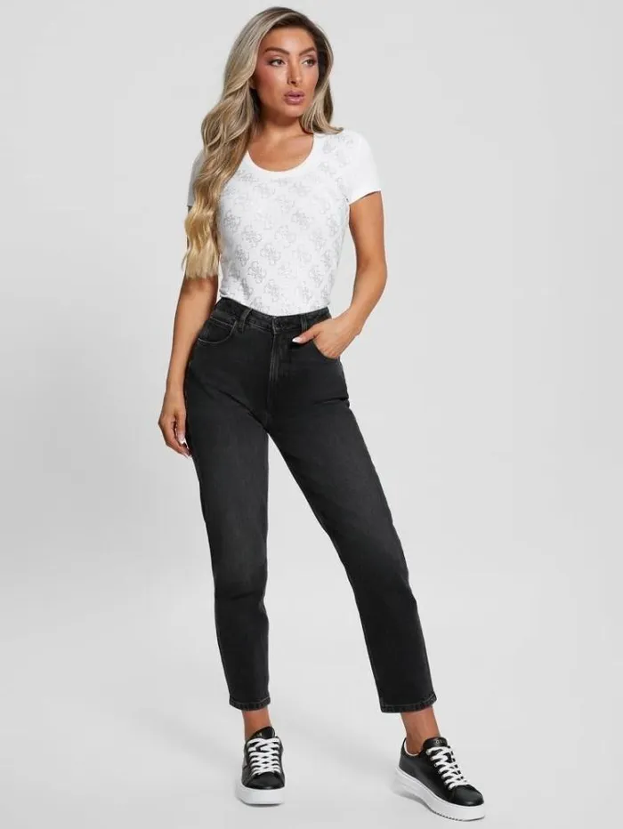 Women Rhinestones 4g Logo Stretch Tshirt White Guess Tshirts